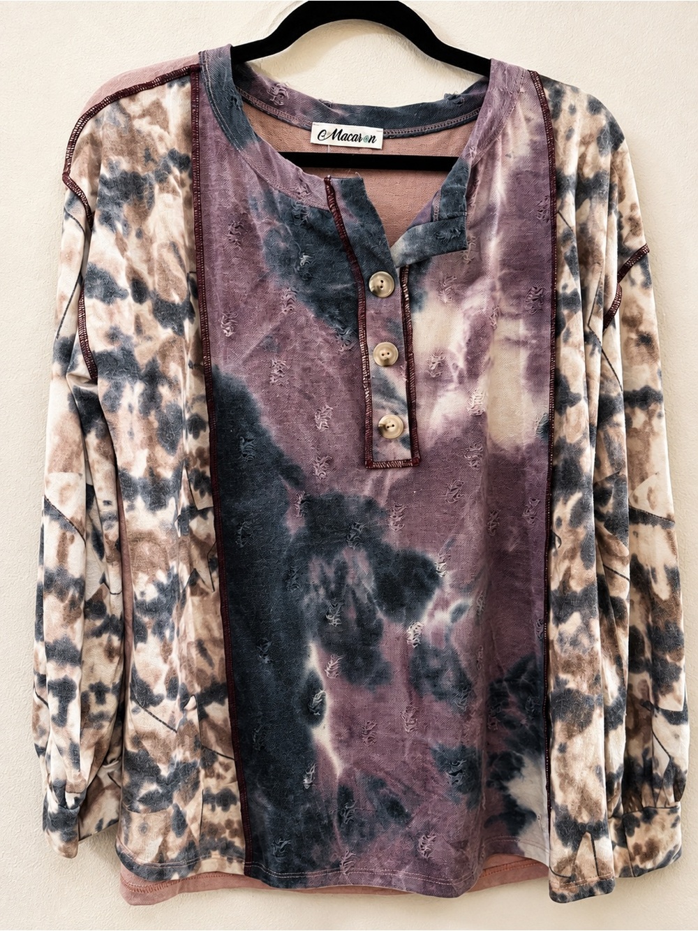 MACARON Purple, Gray and Cream Tie-Dye Long Sleeve Henley